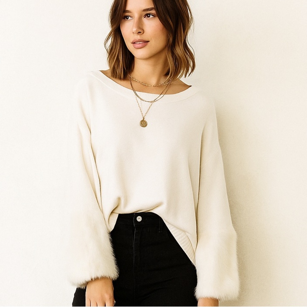 Anthropologie Ivory Sweater with Plush Cuffs